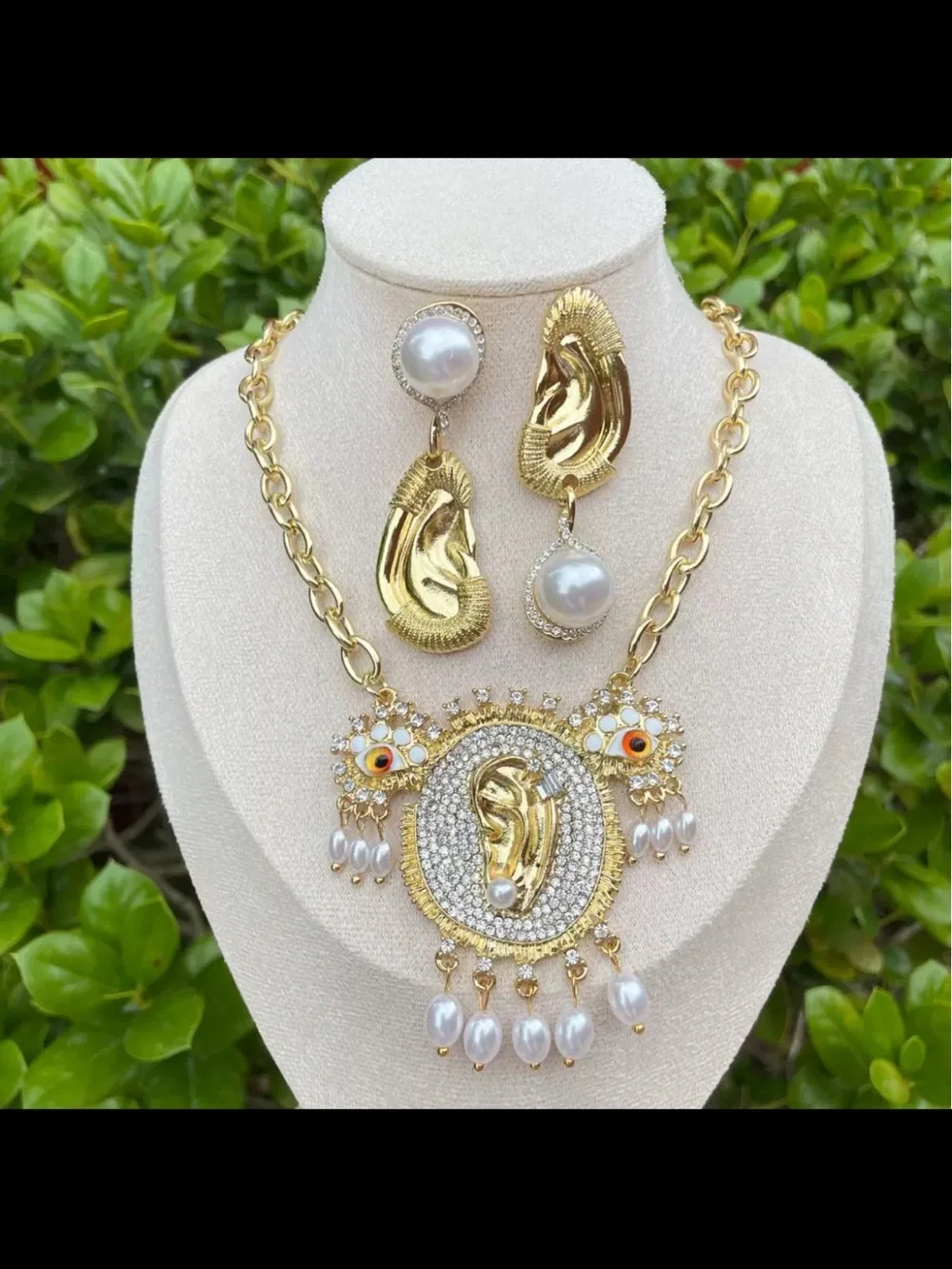 Gold-Tone Statement Pendant Necklace with Pearl Drops